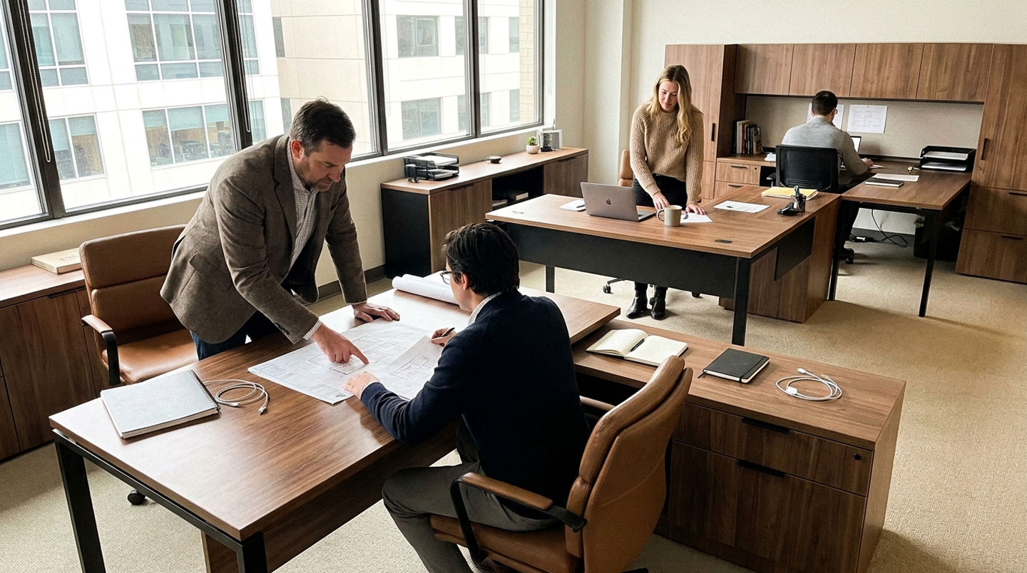 Schémas techniques vue de dessus de trois configurations de bureaux de direction : droit, d'angle et avec retour sur caisson, avec annotations dimensionnelles en français
