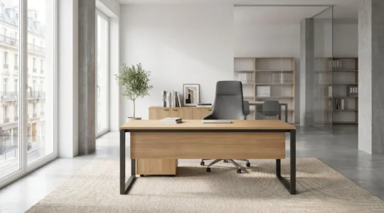 Bureau de direction moderne en bois clair avec piètement métallique dans un espace de travail contemporain lumineux avec grandes fenêtres