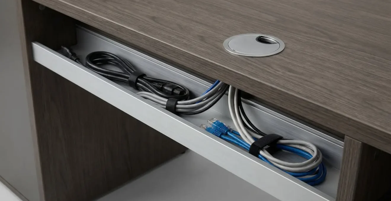 Détail d'un système de passe-câbles intégré dans un bureau de direction avec organisation soignée des câbles informatiques et électriques