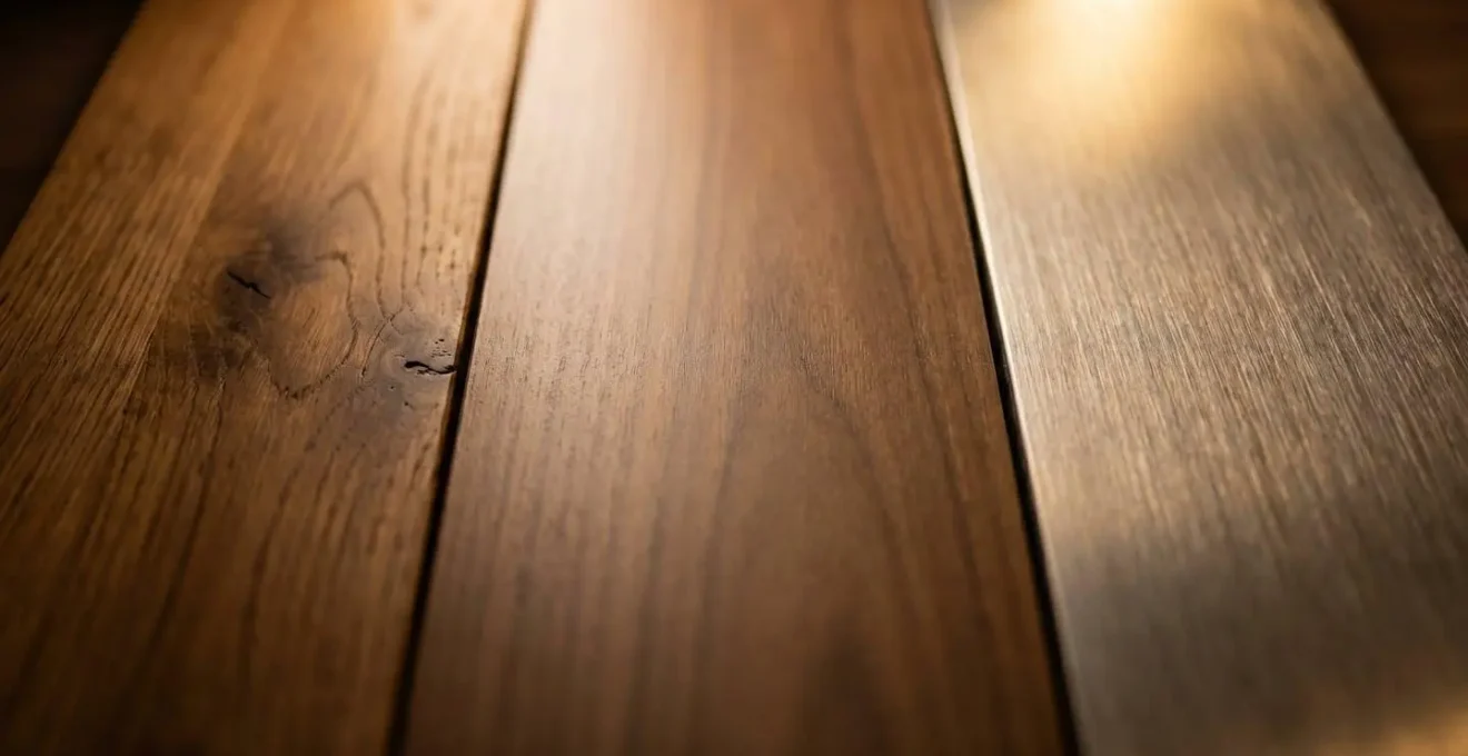 Détails matières de bureaux de direction : texture bois massif chêne, placage de qualité et surface métal brossé sous éclairage valorisant