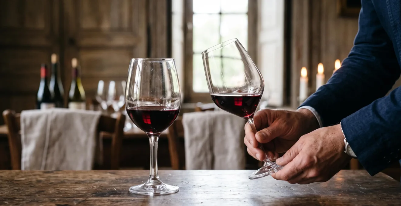 Deux verres de vin rouge comparés sur une table en bois par un sommelier.