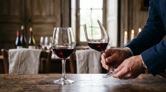 Deux verres de vin rouge comparés sur une table en bois par un sommelier.