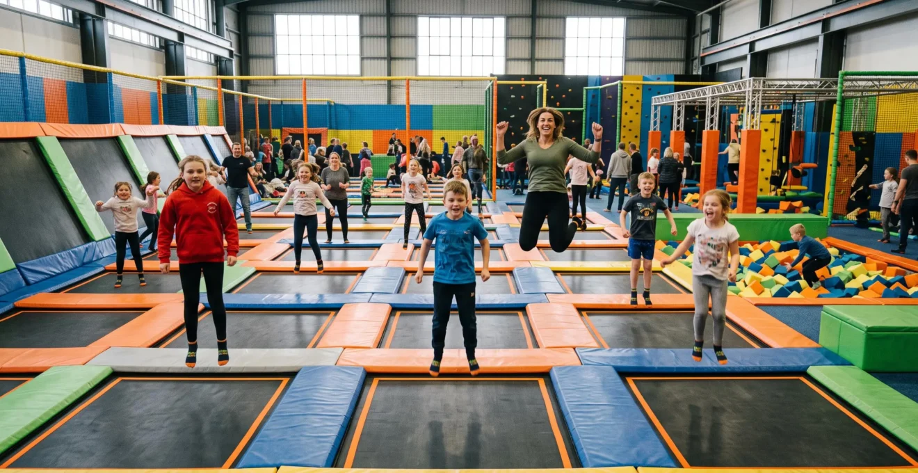 Des enfants sautent sur les trampolines d'un parc couvert pendant les vacances scolaires.