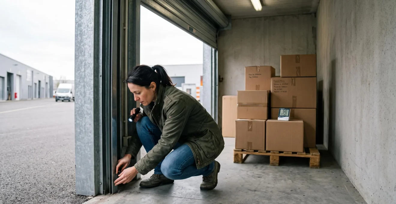 Une femme inspecte le sol et la porte d'un box de stockage.
