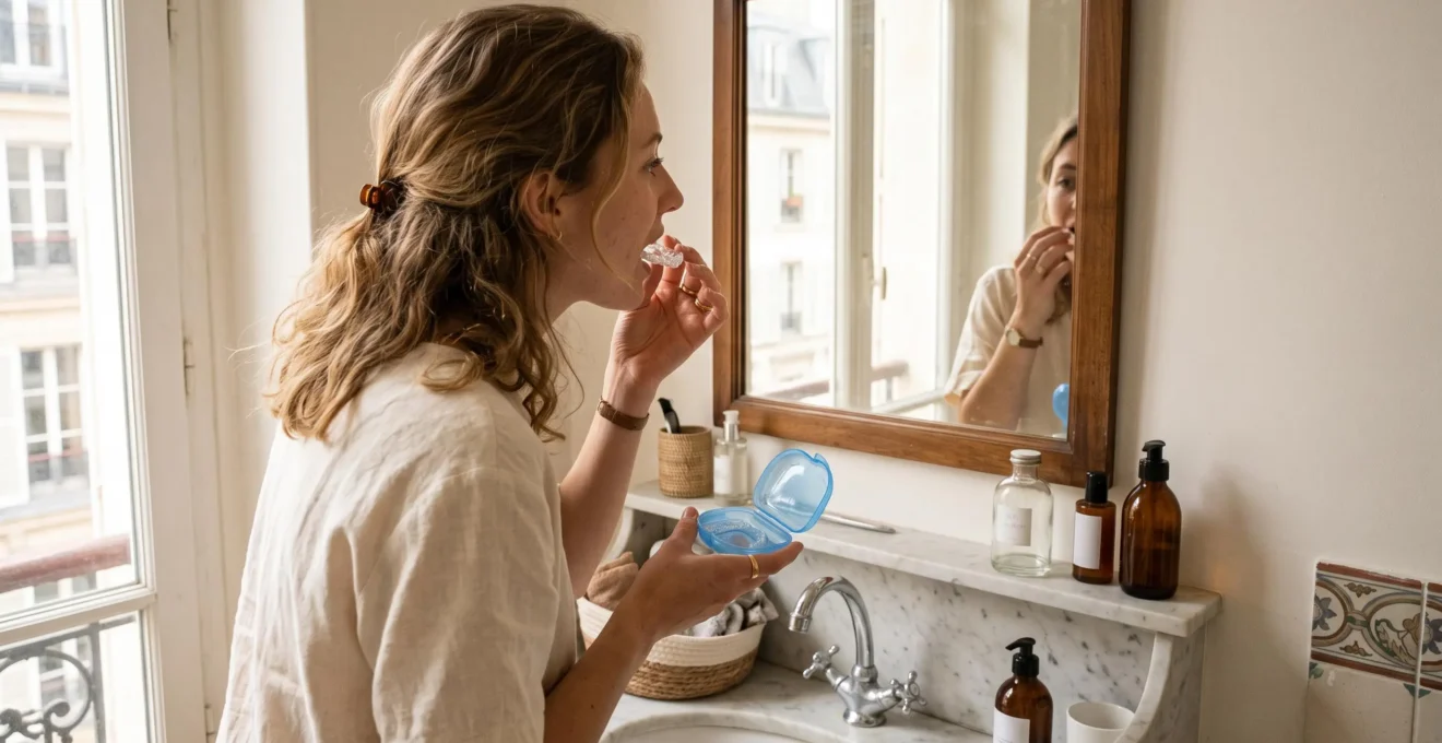 Une jeune femme insère sa gouttière de contention devant le miroir de sa salle de bain.
