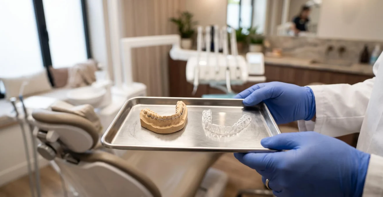 Deux types de contentions orthodontiques posés sur un plateau en inox.