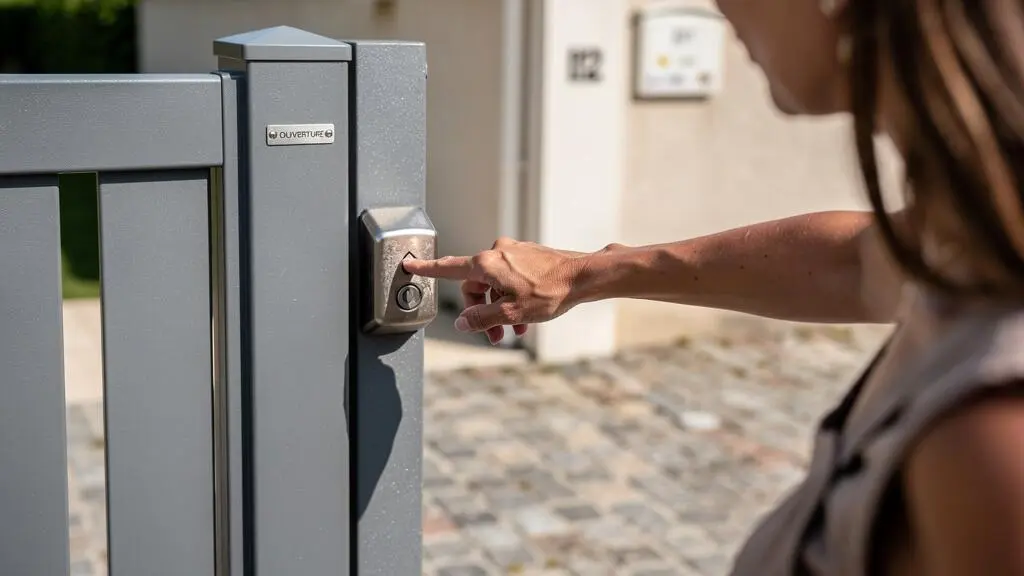 Une main pousse un portillon en aluminium déverrouillé par la gâche électrique dans une allée pavée.
