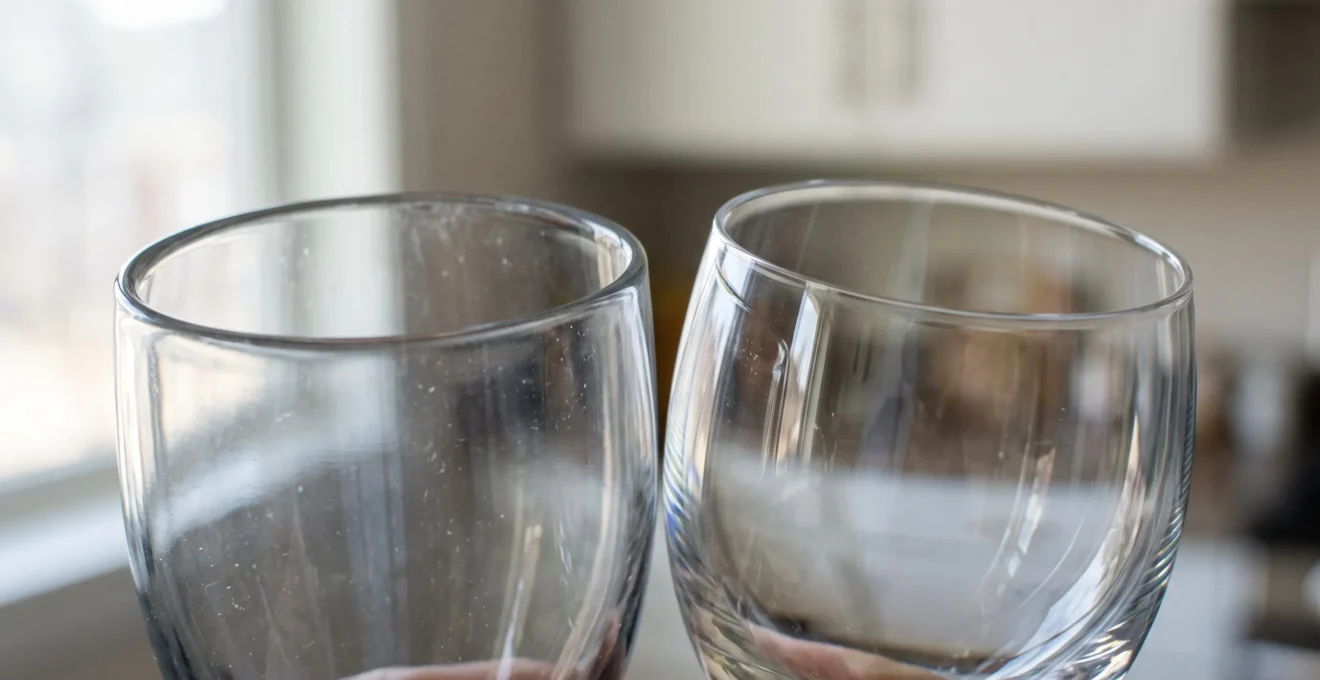 Gros plan sur les bords de deux verres vides éclairés par la lumière du jour.