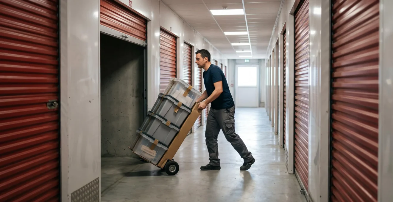 Un homme pousse un diable chargé de cartons vers un box de stockage.