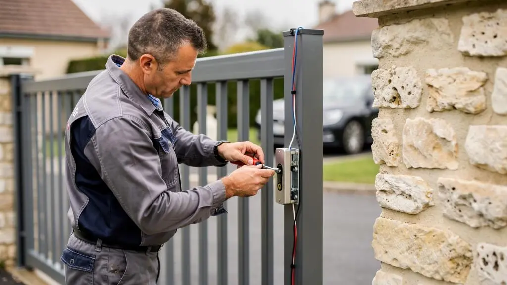 Un installateur ajuste le boîtier d'une gâche électrique sur un portillon en aluminium devant un muret.