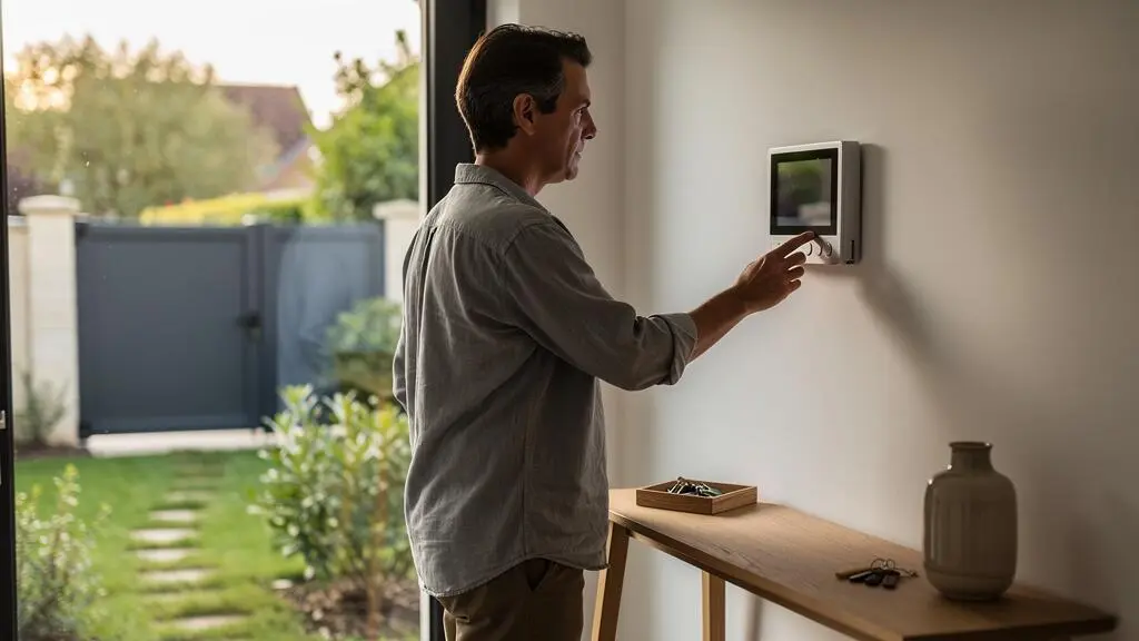 Un habitant utilise un interphone vidéo mural près d'un portillon en aluminium visible par la fenêtre.