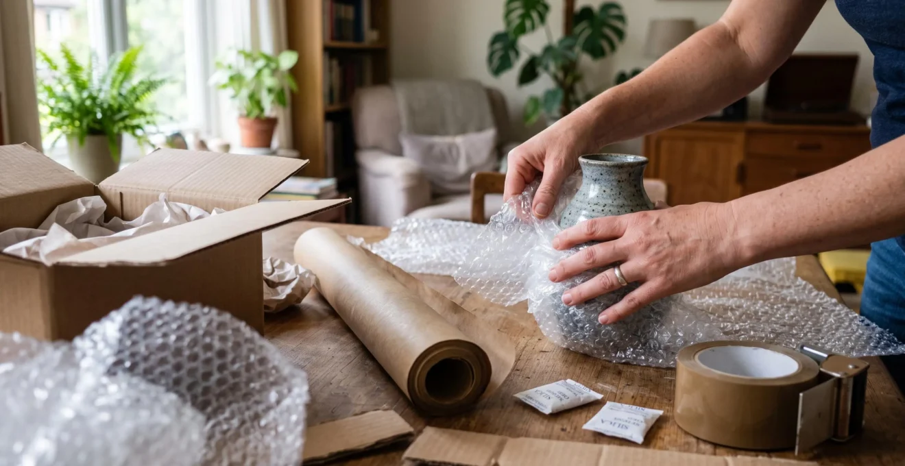Des mains emballent un vase dans du papier bulle avant l'entreposage.