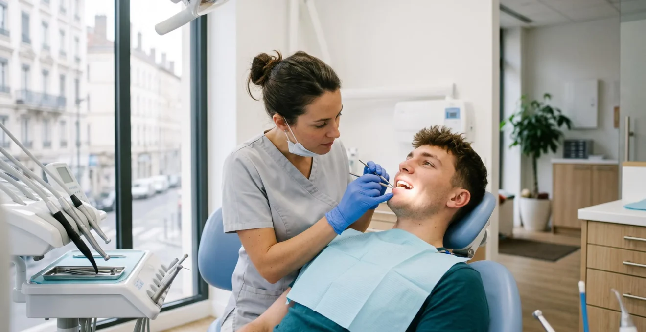 Un orthodontiste vérifie l'alignement des dents d'un patient après son traitement.
