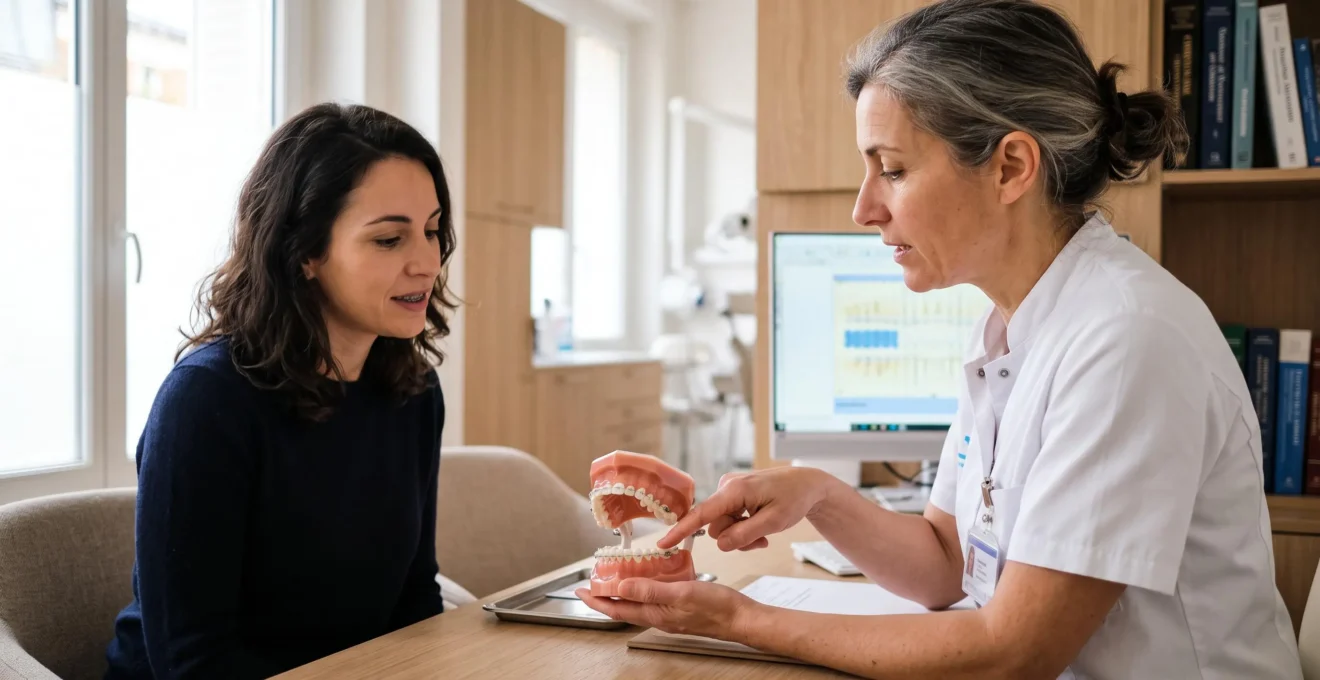 Une orthodontiste explique la contention à son patient à l'aide d'un modèle de dents.