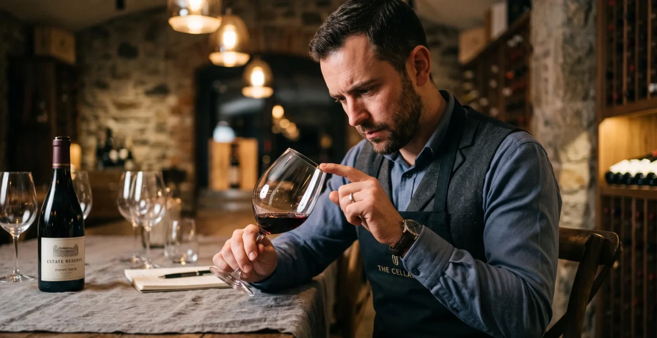 Un sommelier fait vibrer le bord d'un verre de cristal pour écouter sa sonorité.